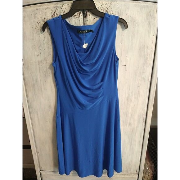 Lauren Ralph Lauren cowl neck Knee length Sleeveless Dress Blue size 10 Classic - Picture 3 of 9